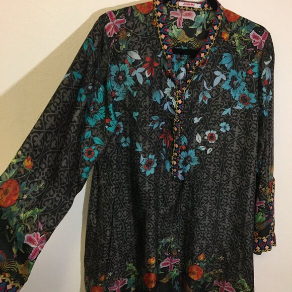 Johnny Was Kennedy Silk Embroidered Tunic Top Blouse Dragons Floral Artsy (IB) - Picture 8 of 16